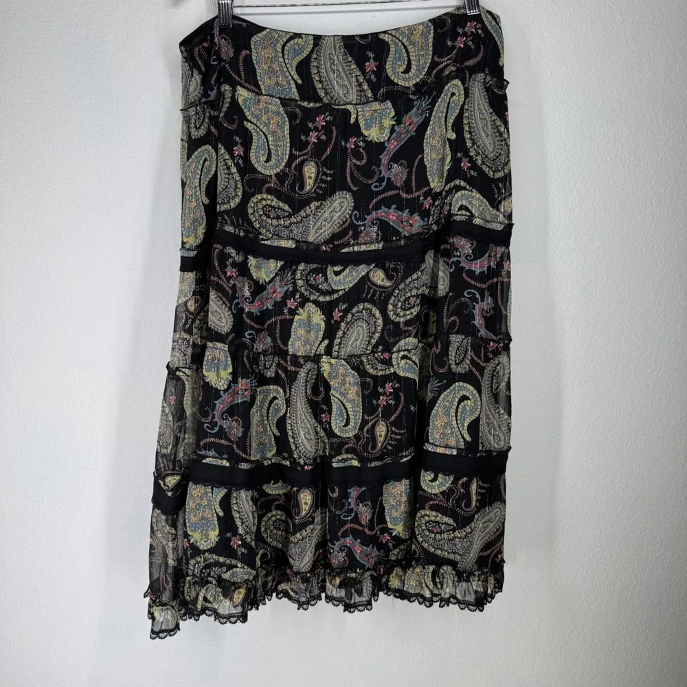 Vintage Paisley Tiered Midi Skirt‎ Lace Trim Metallic XL Petite  Whimsigoth Boho